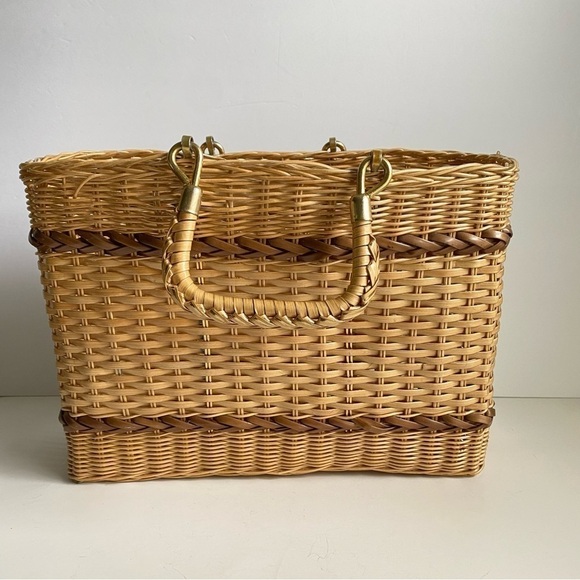 Vintage 60s Wicker Tote Bag Picnic‎ Basket Retro Purse - Picture 2 of 11